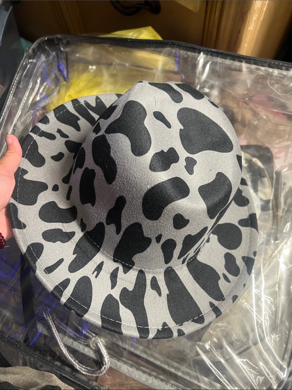 Women Grey & Black Cow Print Wide Brim Hat